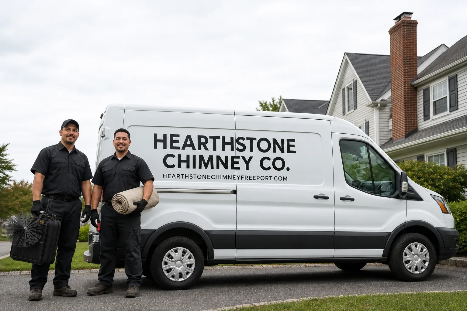 Hearthstone Chimney Co. chimney cleaning service vehicle and crew in Freeport, NY